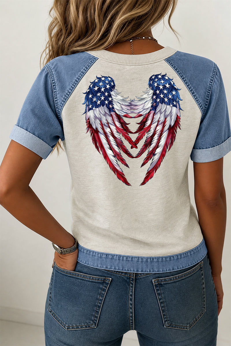 Patriotic Graphic Tee Denim Patchwork Wing Back Top