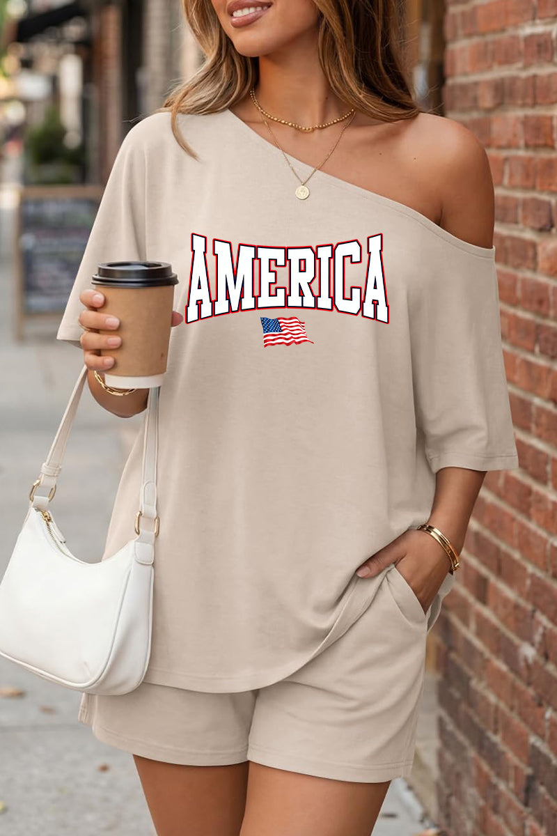 America Off Shoulder Short Sleeve Summer Top Set