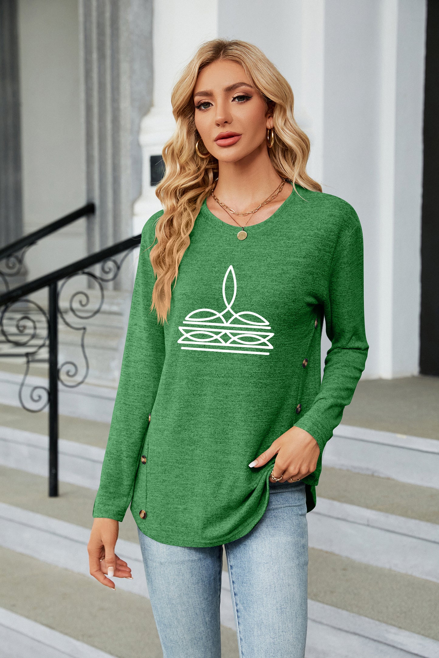 Western Minimal Line Art Long Sleeve Casual Top