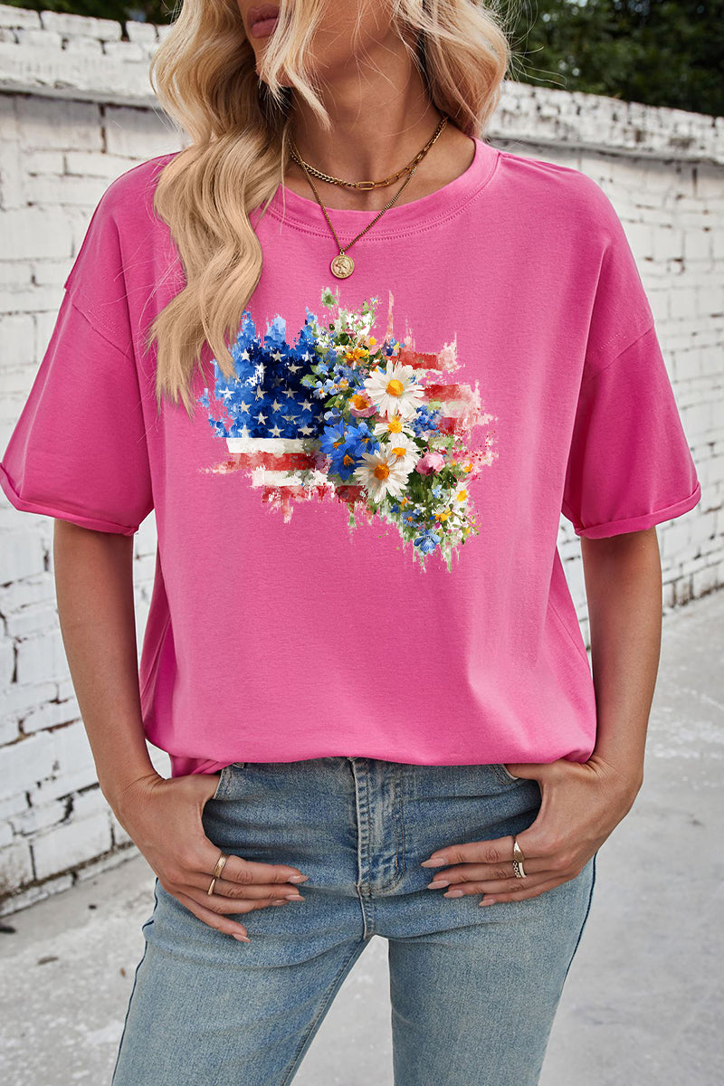 Patriotic Floral Rayon Tee Oversized Casual Summer Top