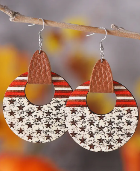 White Flag Print Round Wooden Dangle Earrings