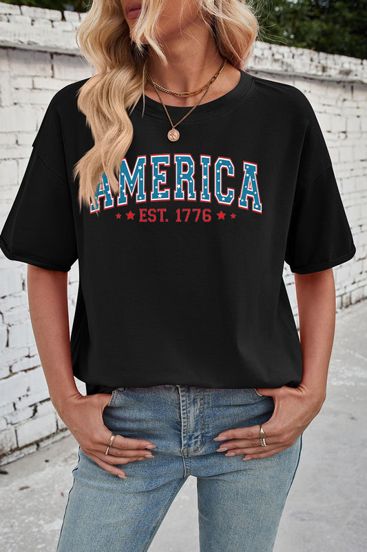 America EST 1776 Print Rayon Tee Oversized Patriotic Top