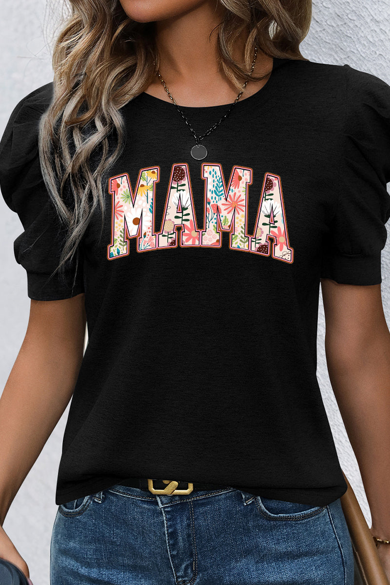 Womens Mothers Day Floral Print Tee Puff Sleeve Crewneck Casual Summer Top