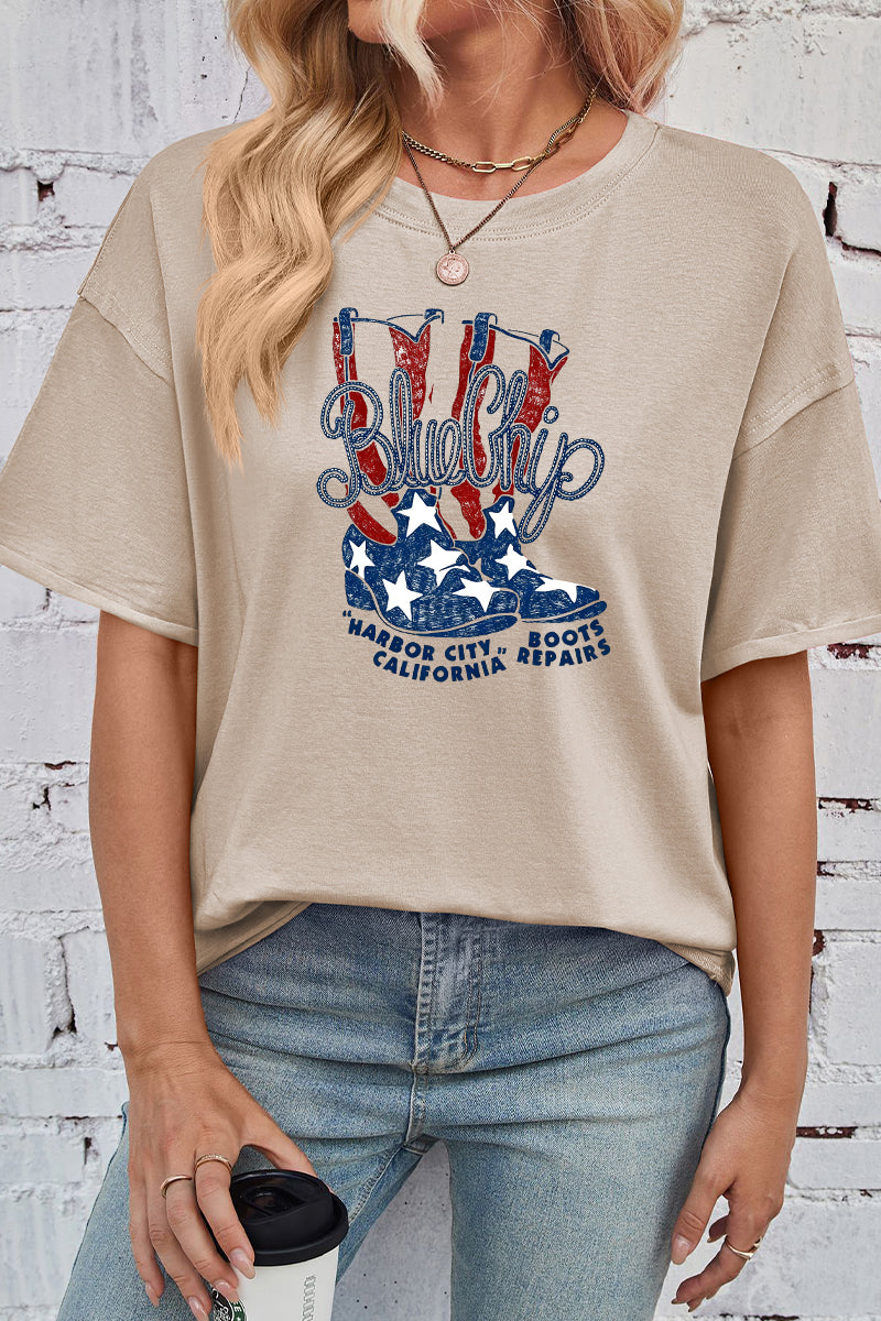 Blue Chip Boots Print Rayon Tee Oversized Patriotic Top