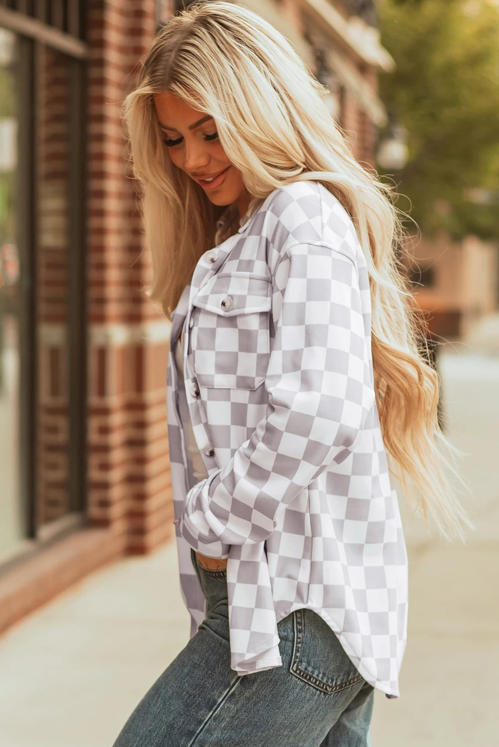 Black Checkerboard Flap Pocket Button Front Shacket