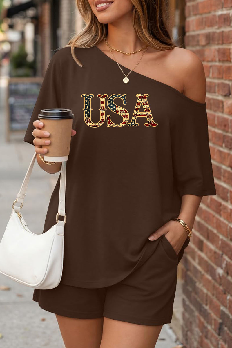 USA Off Shoulder Short Sleeve Summer Top Set