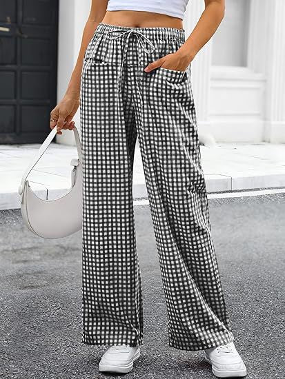 Womens Plaid Wide Leg Drawstring Waist Casual Pants