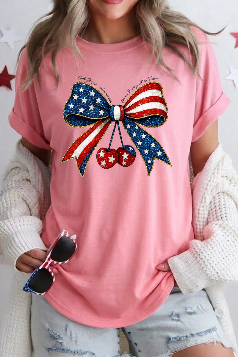Women 4th of July Patriotic Bow Graphic T Shirt