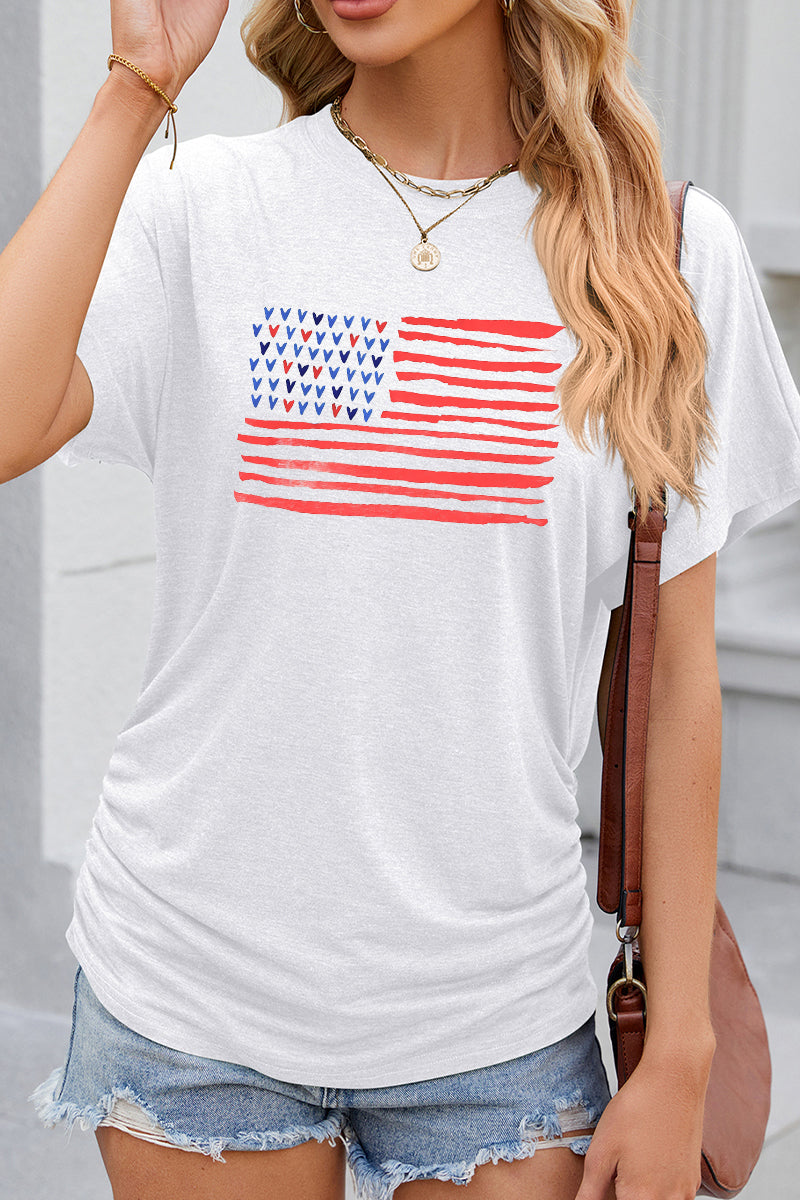 USA Flag Graphic Ruched Side Casual Summer Tee