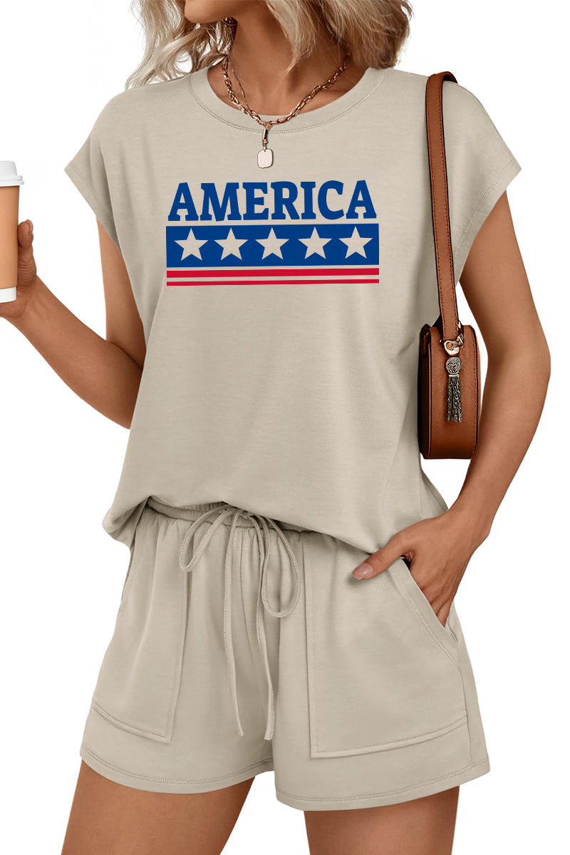 America Stars Stripes Tee Shorts Set Patriotic Summer Outfit