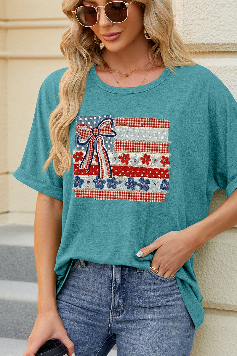 USA Flag Bow Patriotic Tee Women 4th July Graphic Top