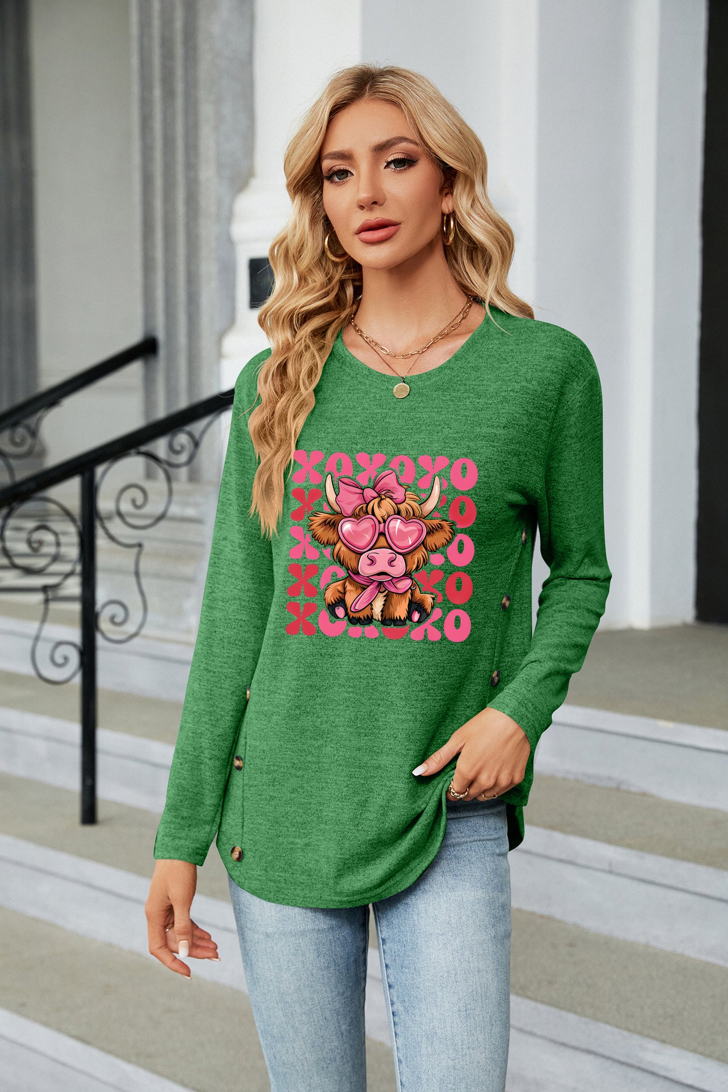 Valentine's Day Cute Pig XOXO Graphic Long Sleeve Top