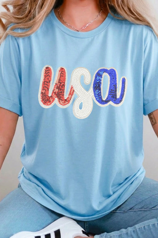4th of July USA Sequin Letter Graphic Tee