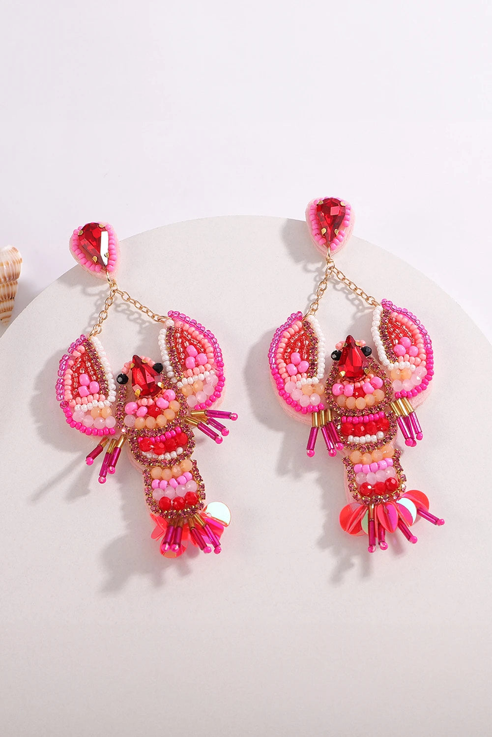 Rose Red Crystal Gem Beaded Crayfish Earrings