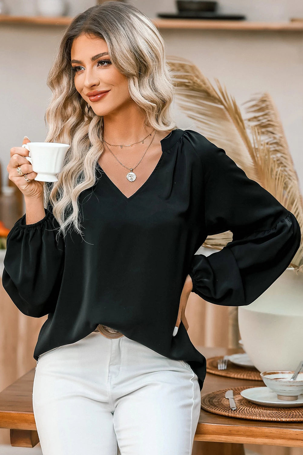 Black Fiery V Neck Long Puff Sleeve Top