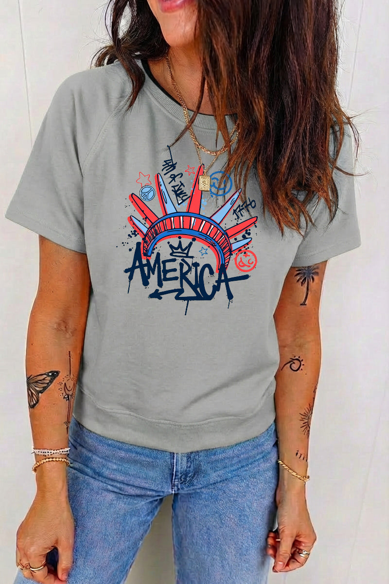 Patriotic America Graphic Crew Neck Short Sleeve T Shirt