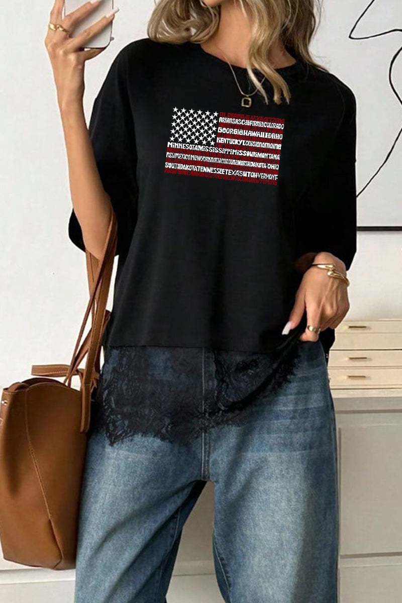 State Names Polyester Tee American Flag Patriotic Top