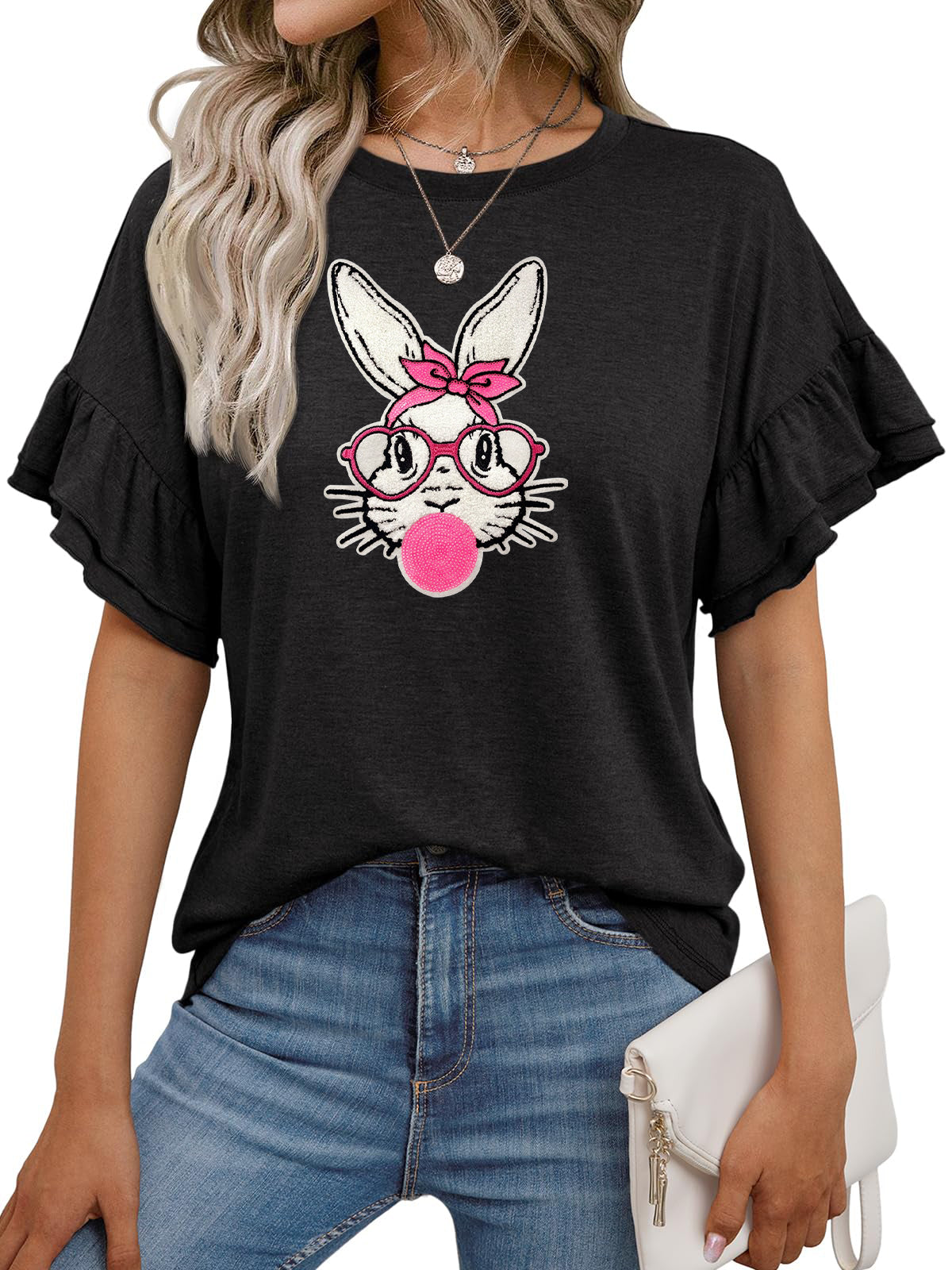 Easter Bunny Floral Graphic Ruffle Sleeve T Shirt