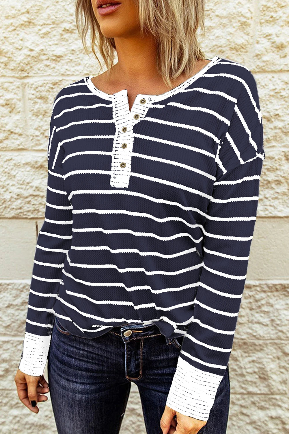 Striped Color Block Buttoned Waffle Knit Shirt