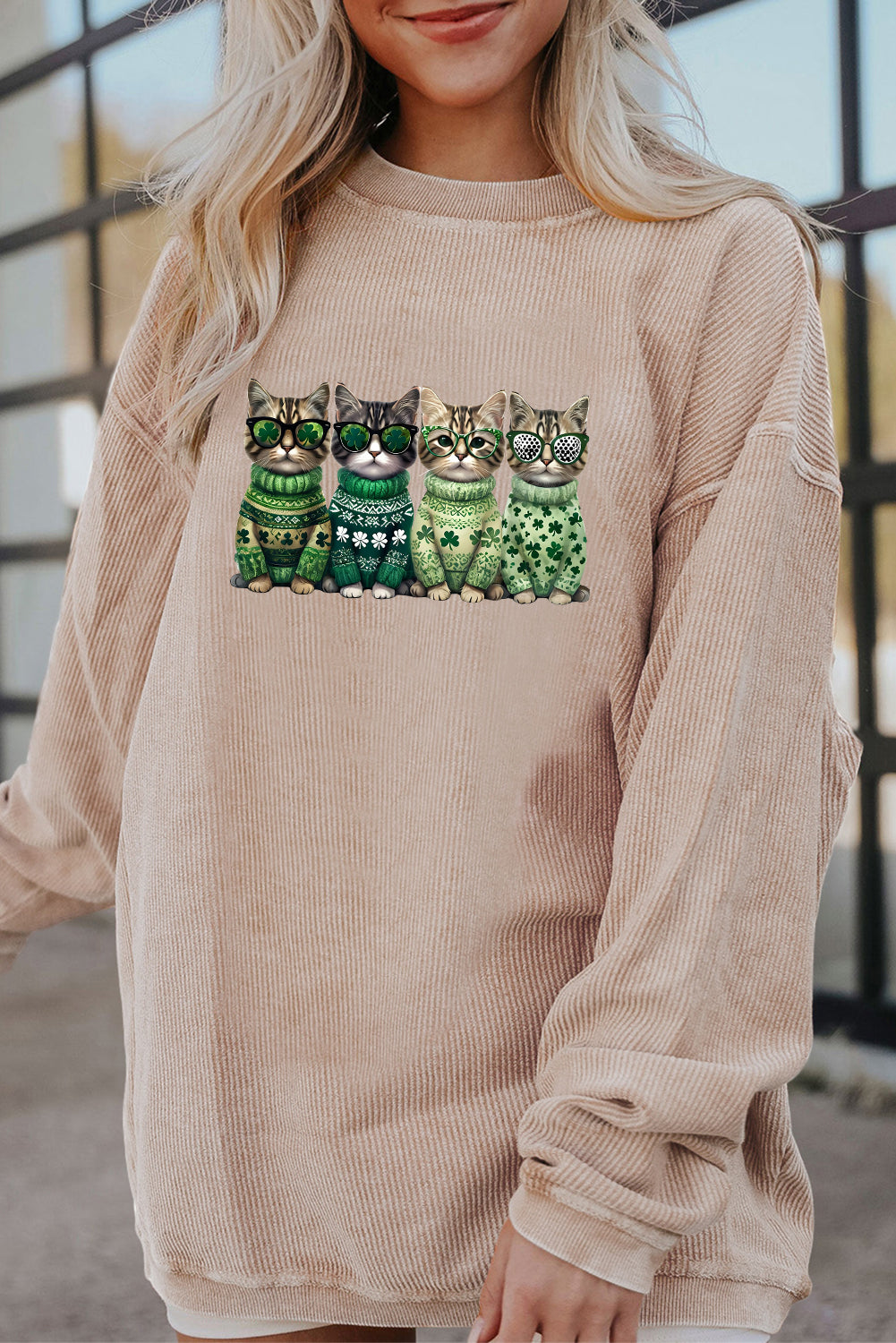 Saint Patrick’s Day Lucky Cats Graphic Corded Sweatshirt