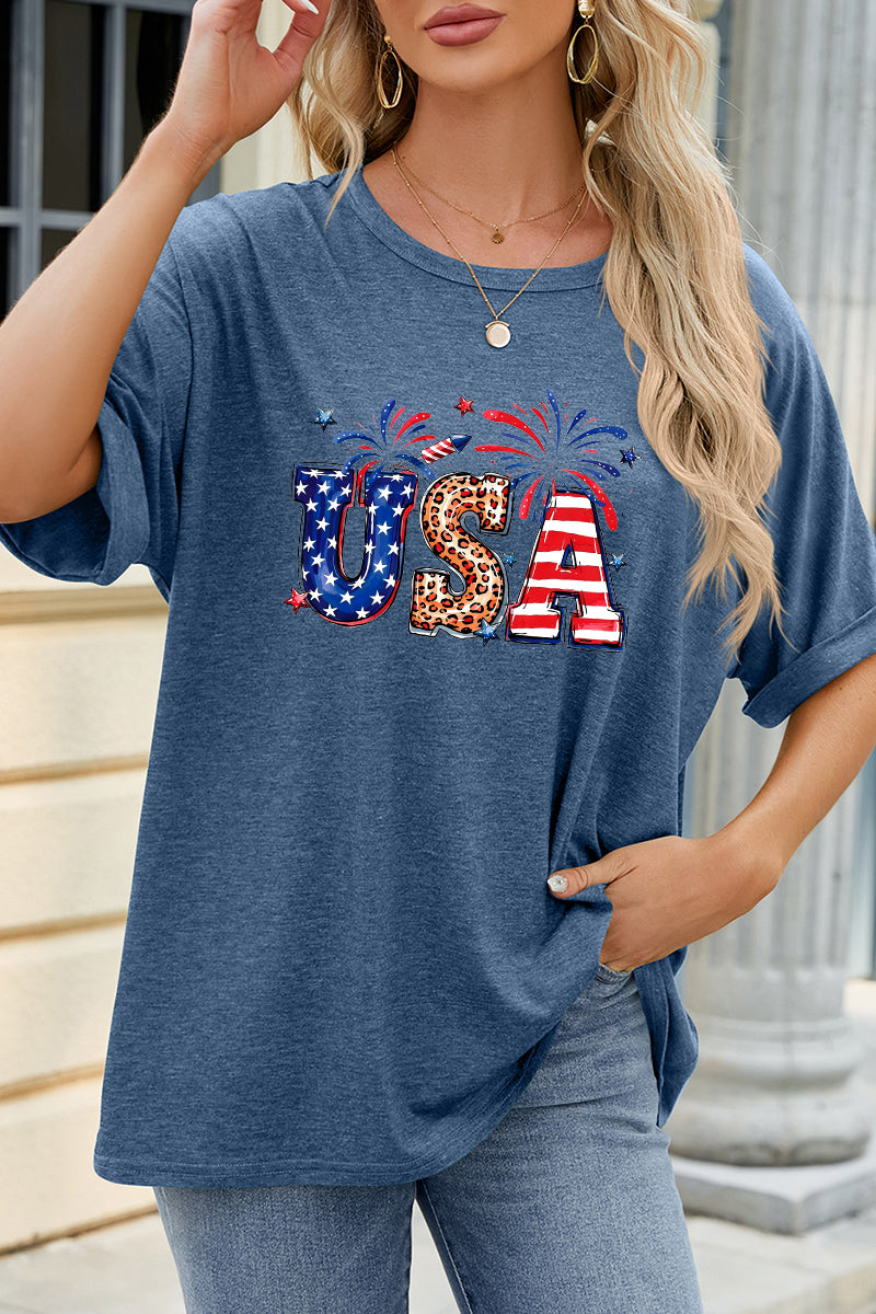 USA Sequin Graphic Tee Patriotic Firework Summer