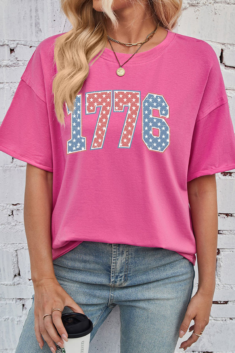 Patriotic Cotton Graphic Tee Oversized 1776 USA Top