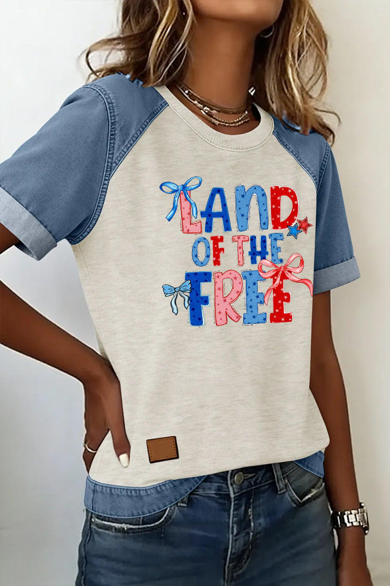 Letter Print Denim Patchwork Tee Casual