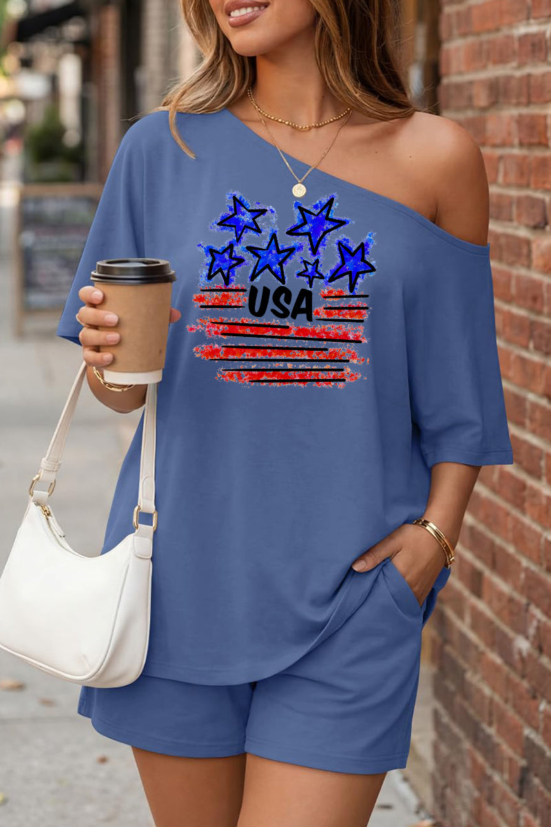 USA Flag Star Graphic Off Shoulder Shorts Set Women