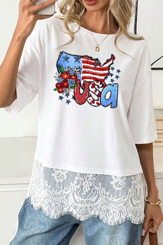 USA Graphic Woven Tee Lace Hem Flag Cute Summer Top