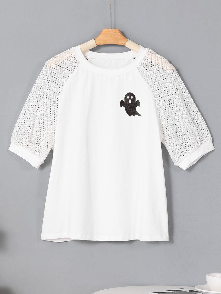 Halloween Ghost Graphic Crochet Sleeve Spooky Tee