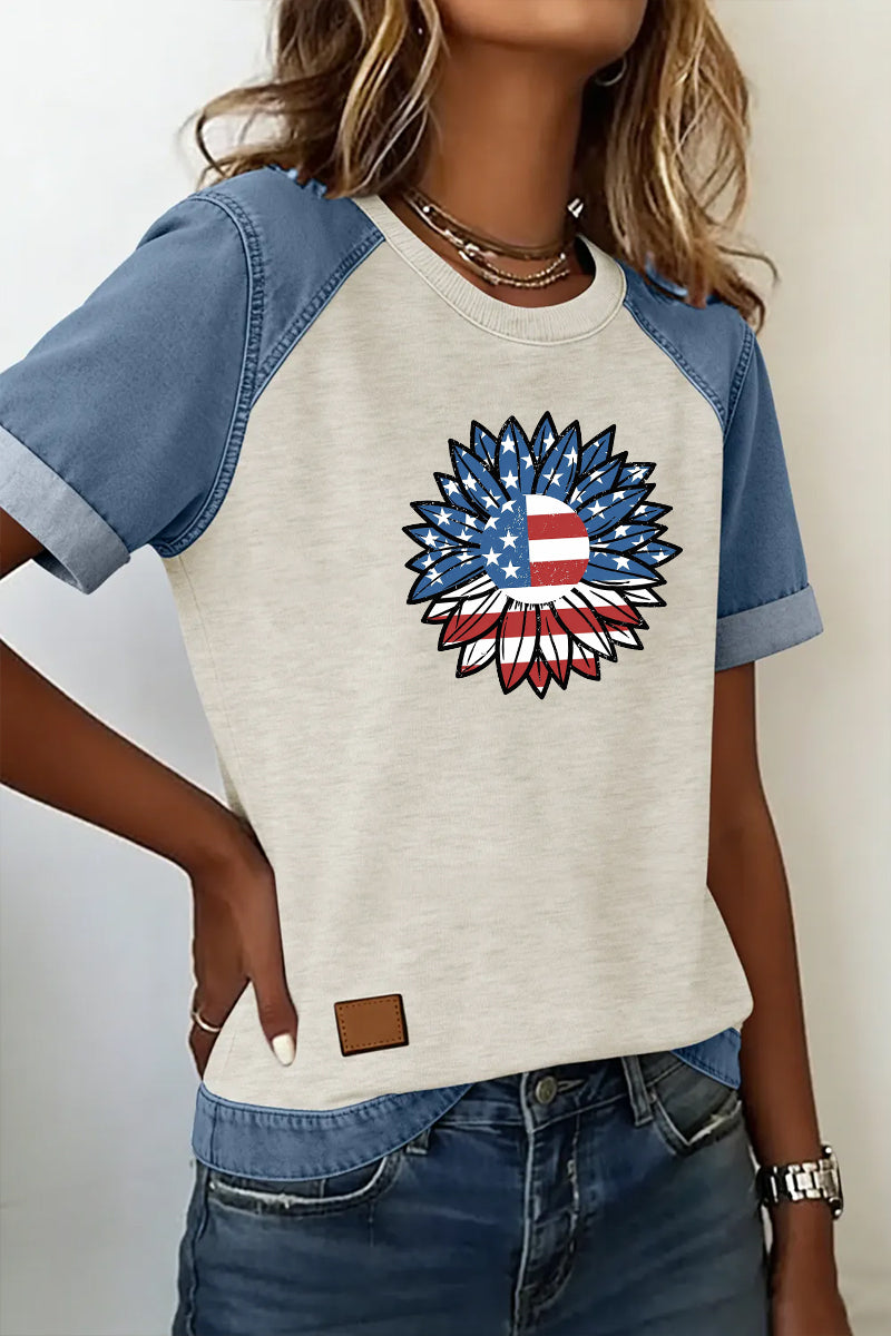 Denim Patchwork Flag Graphic Tee Casual