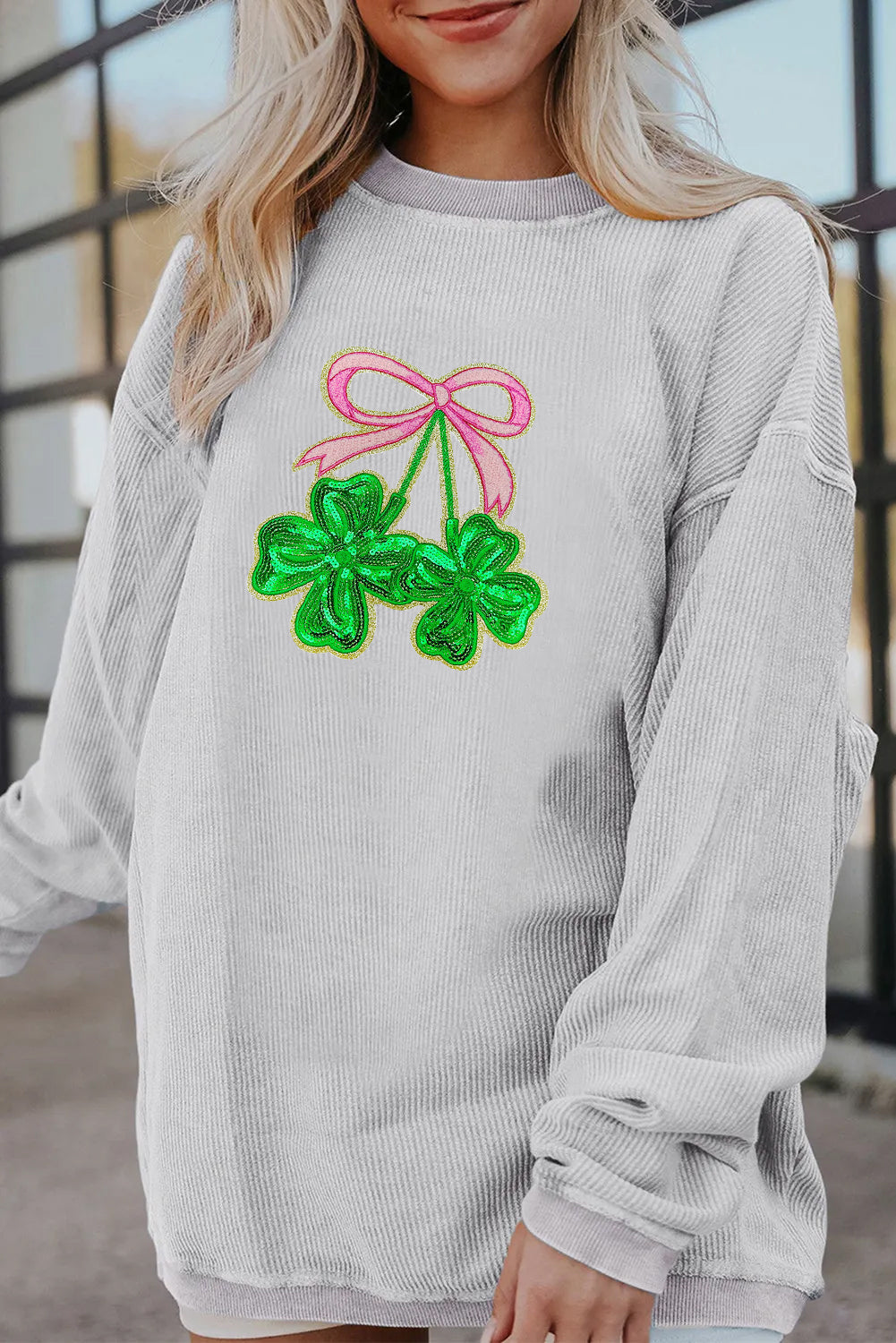 Saint Patrick’s Day LUCK Clover Graphic Corded Sweatshirt