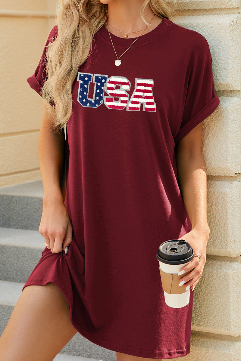 USA Flag Graphic T Shirt Dress Loose Fit Pocket