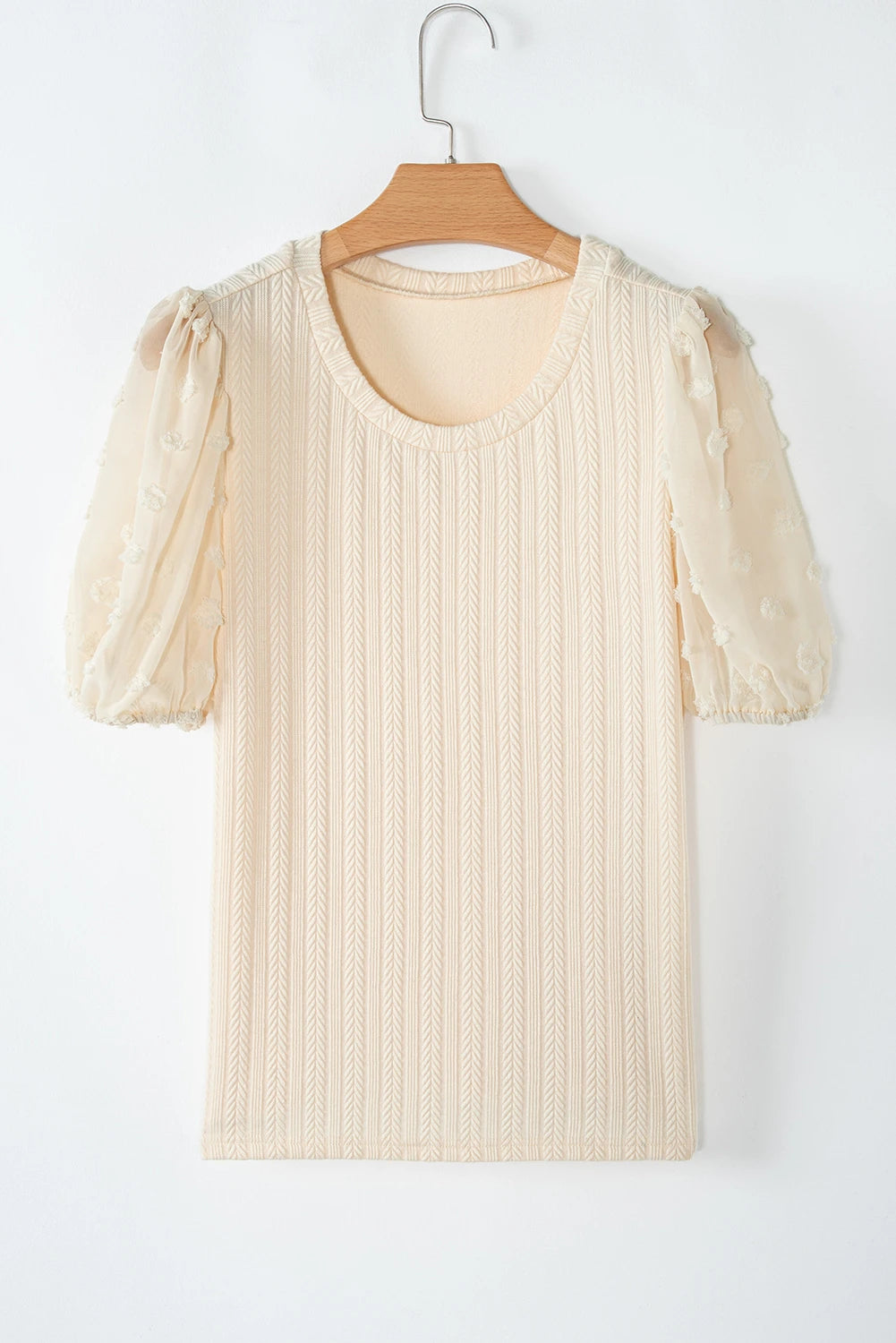 Apricot Polka Dot Mesh Puff Sleeve Textured Blouse