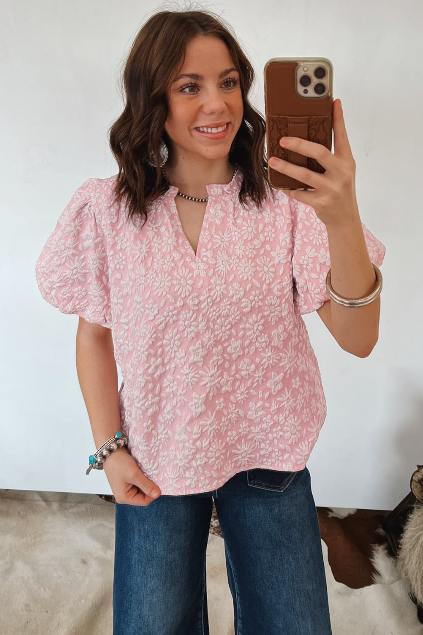 Floral Jacquard Western Blouse Puff Sleeve Top
