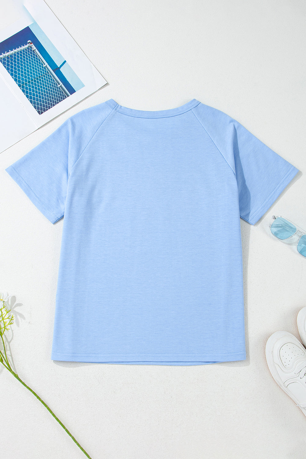 Solid Color Striped Patch Front Casual Tee