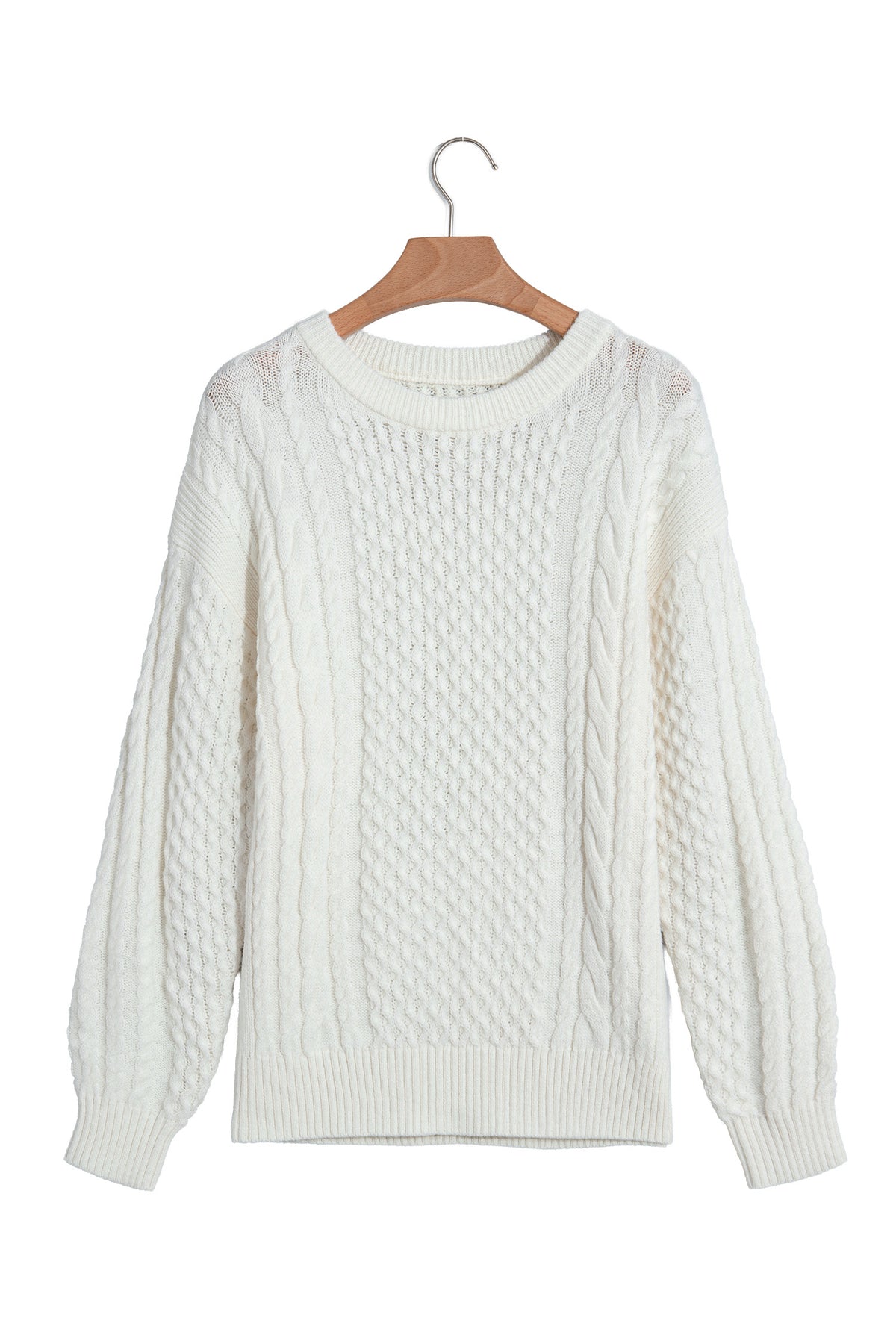 Beige Solid Color Cable Detail Knit Loose Round Neck Sweater