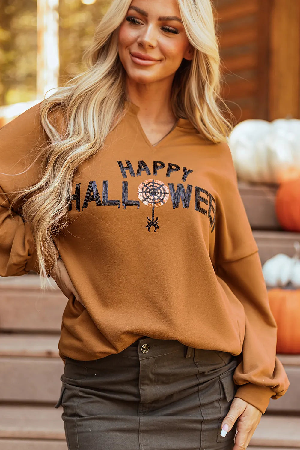 Medium Grey Sequin Happy Halloween Graphic Notched Neck Long Sleeve Loose Top