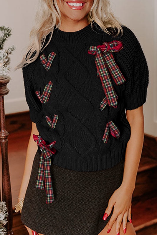 Plaid Lace up Detail Christmas Holiday Puff Short Sleeve Sweater