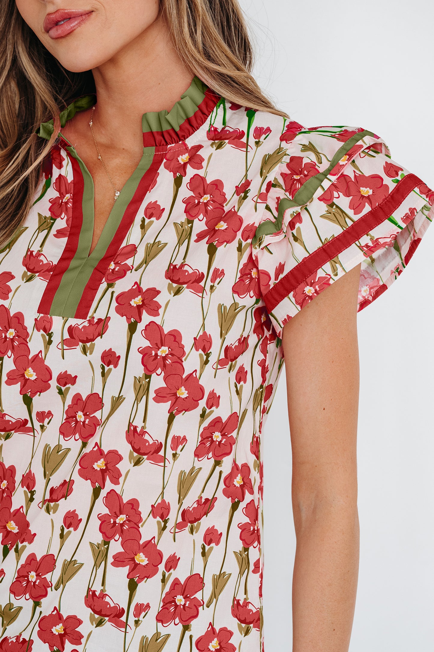 Pink Floral Print Contrast Trim V Neck Double Ruffled Short Sleeve Blouse