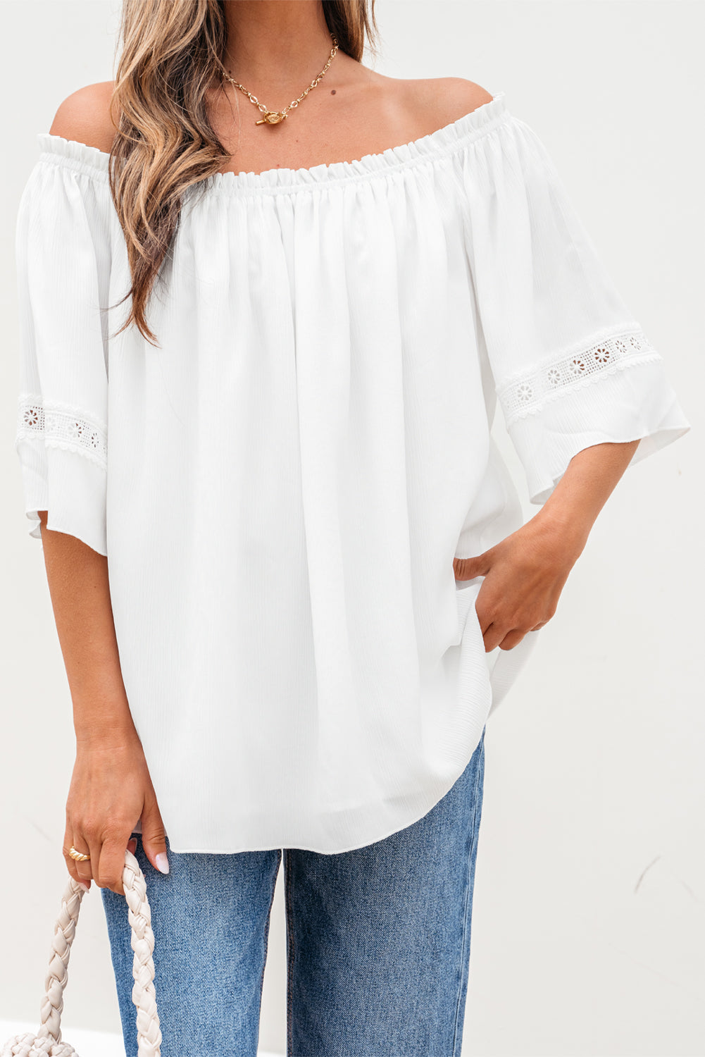 White Frilly Off Shoulder Lace Insert Sleeve Textured Blouse