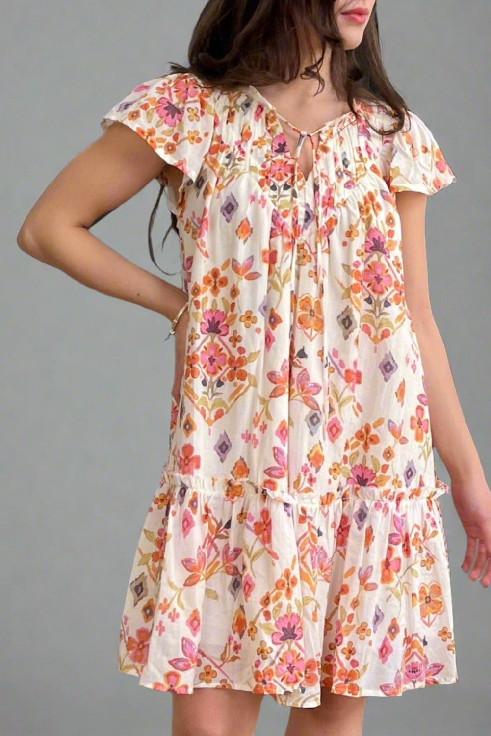 Apricot Floral Geometric Print Ruffled Trim Flutter Sleeve Mini Dress