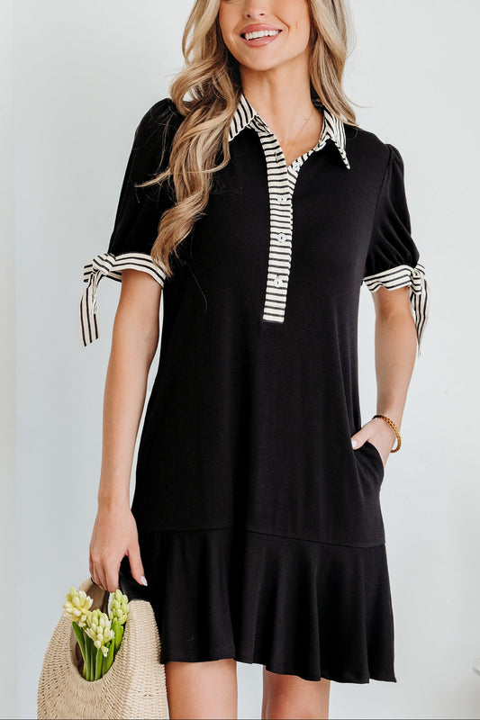 Black Stripe Detail Polo Collar Half Buttons Tied Short Sleeve Shift Mini Dress