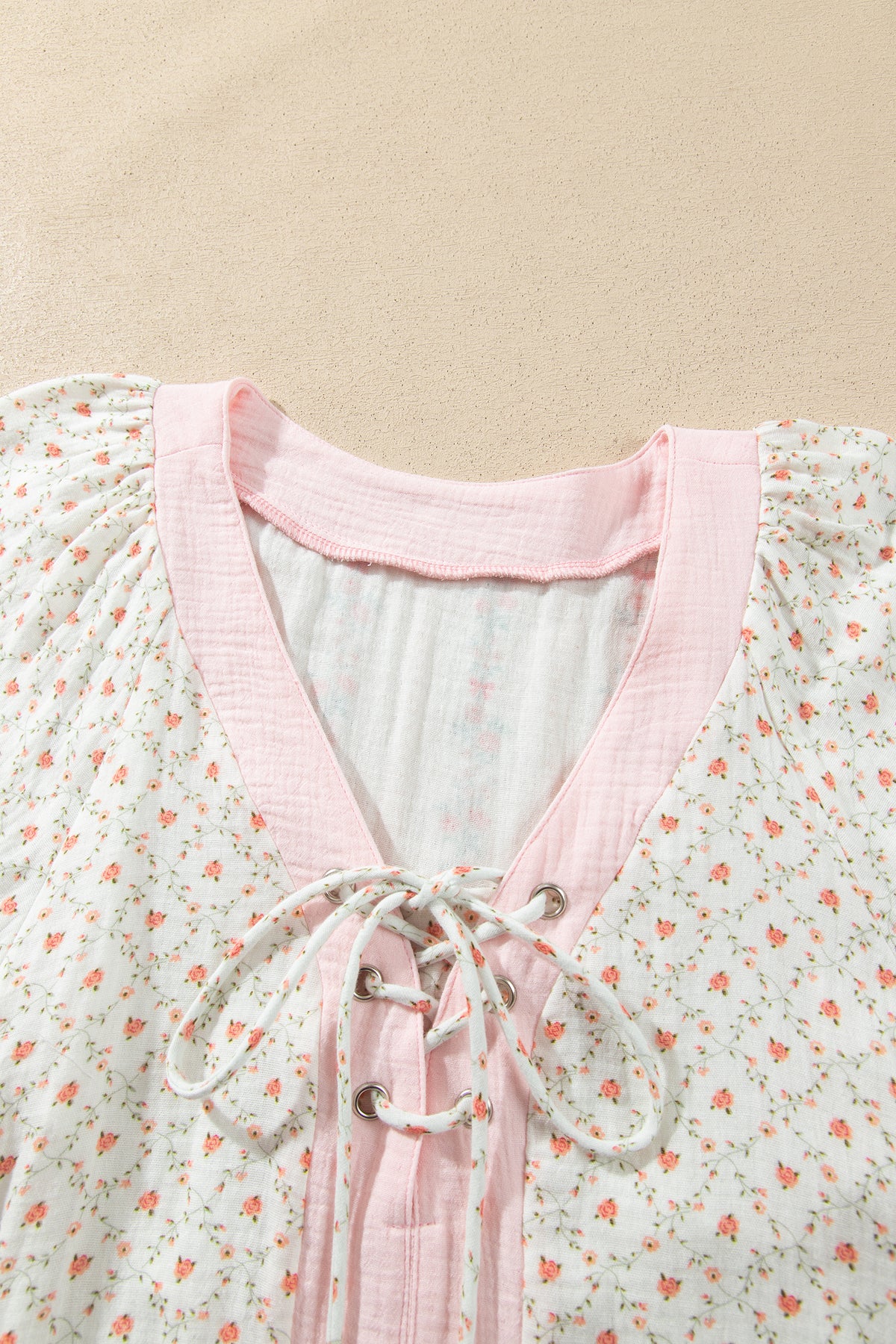 Beige Floral Print Color Block Trim Lace-up V Neck Long Sleeve Blouse