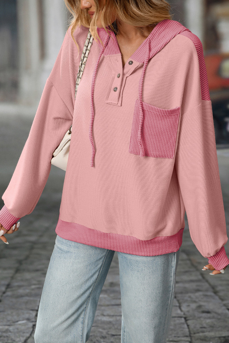 Colorblock Waffle Knit Drawstring Hoodie Pullover Women