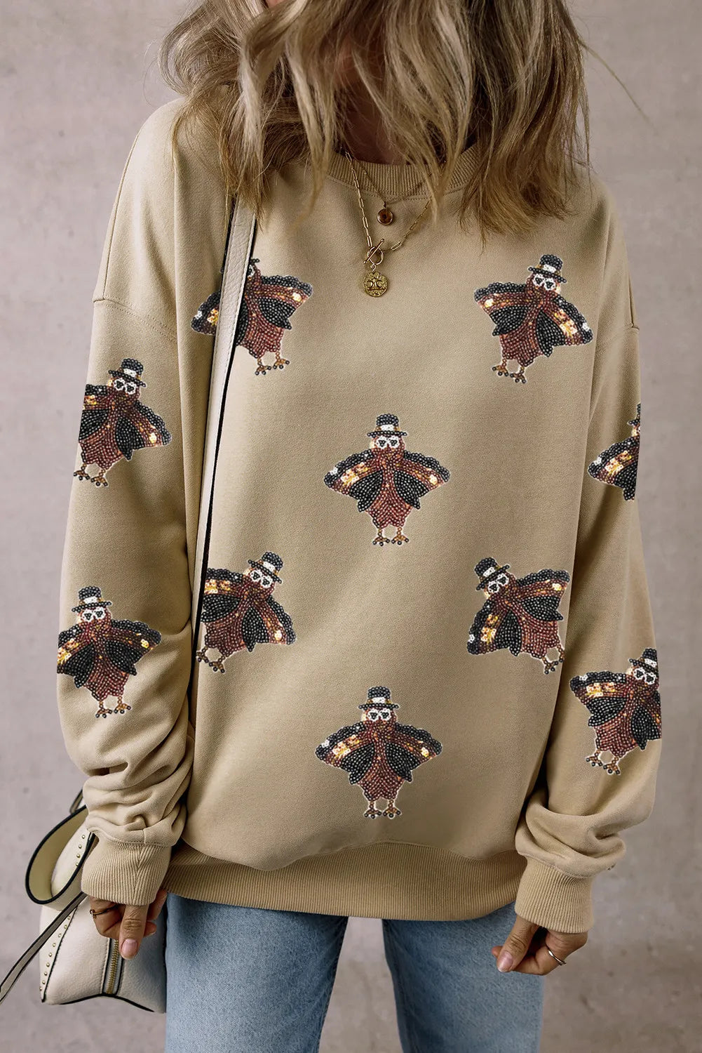 Parchment Shimmering Turkey Pattern Thanksgiving Holiday Sweatshirt