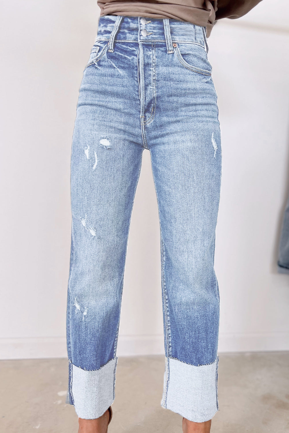 Sky Blue High Waist Distressed Straight Leg Jeans