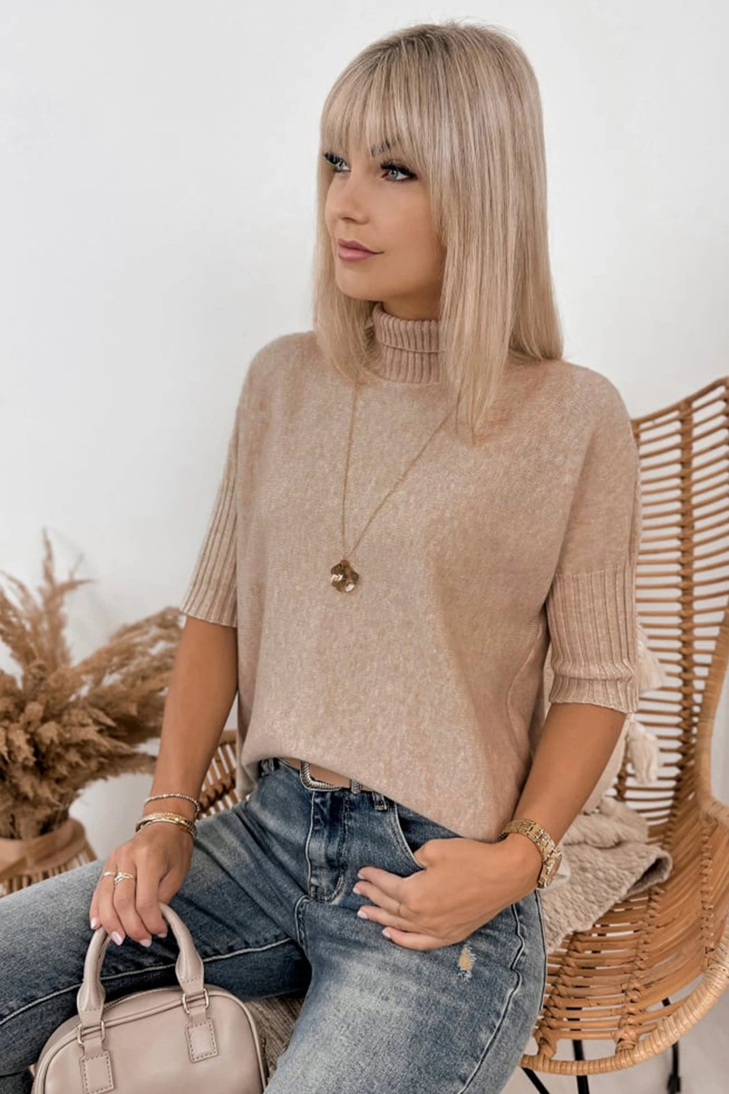 Ribbed Trim High Neck Short Sleeve Casual Sweater