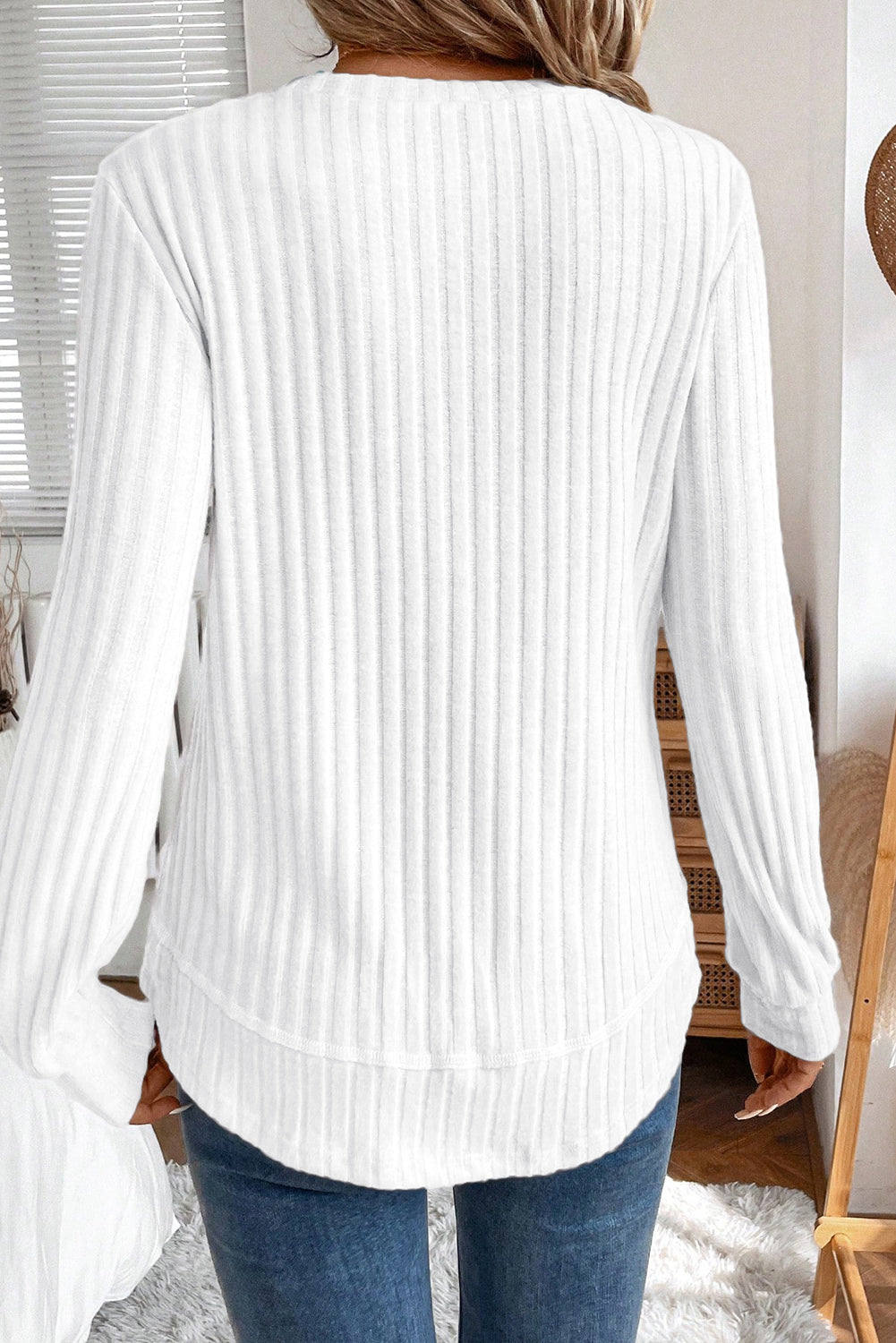 Black Ribbed Texture Round Neck Long Sleeve Rounded Hem Knit Top