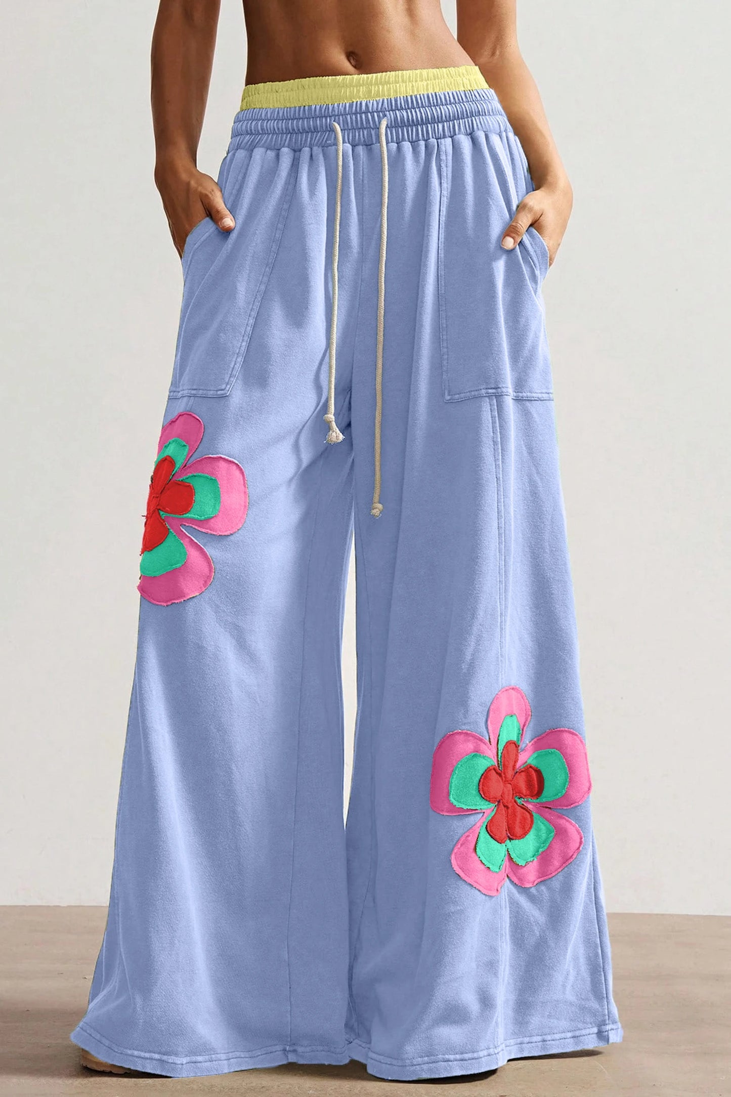 Sky Blue Color Block Flower Patchwork Drawstring Contrasted Elastic Waist Wide Leg Pants